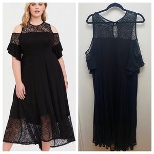 Torrid Midi Cold Shoulder Dress, black, size 2, lace trim, WORN ONCE